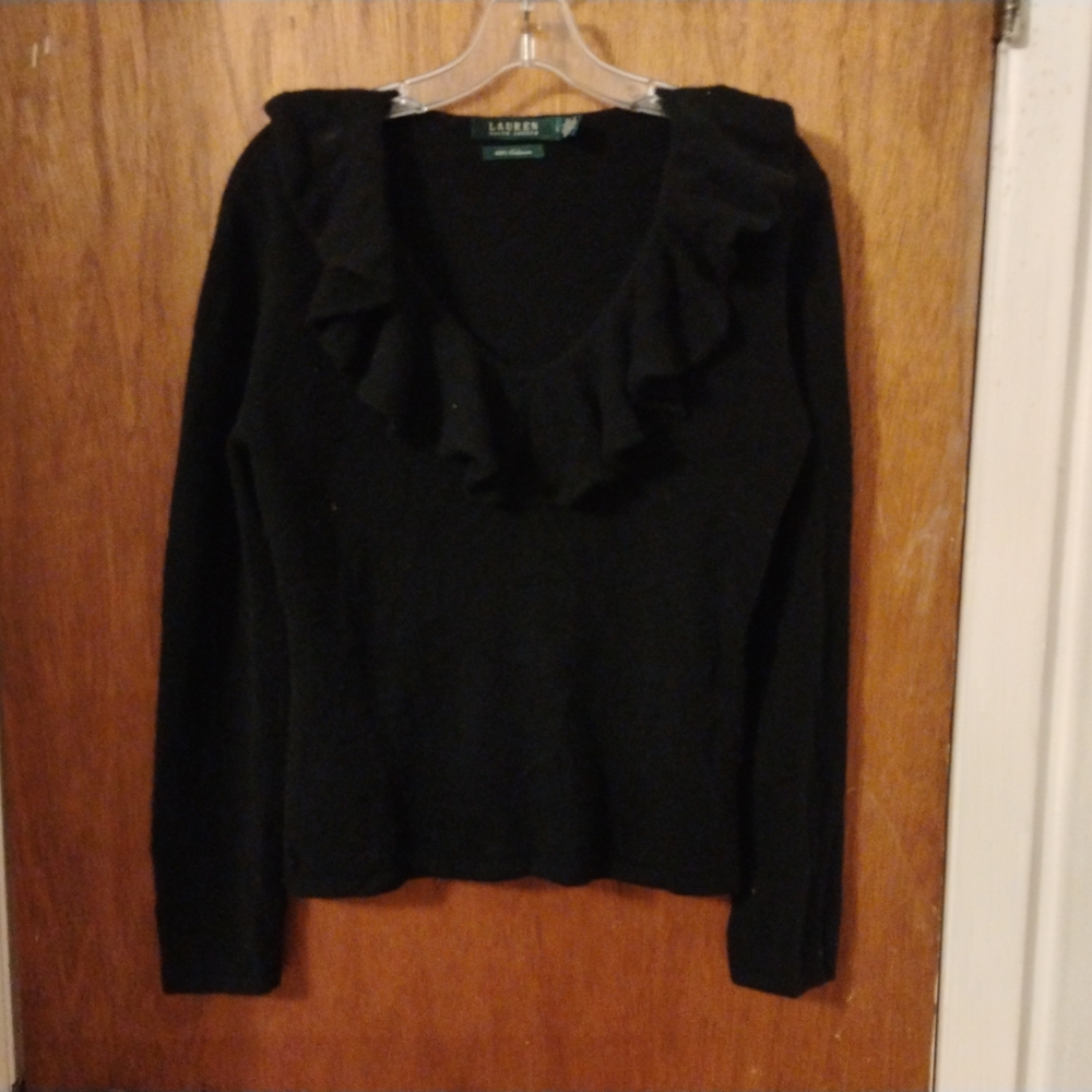 Ralph Lauren Black Cowl Neck Sweater with Feminine Ruffle Detail